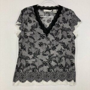 Vintage Dana Buchman XL Black Gray Floral Artsy Lace Stretch Mesh Nylon Top
